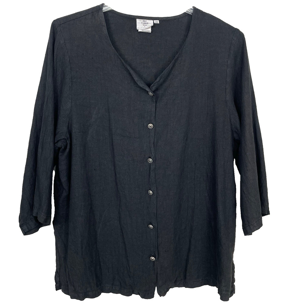 Hot Cotton 100% Linen Tunic Top Womens 1X Black Button Up Lagenlook Boho Minimal